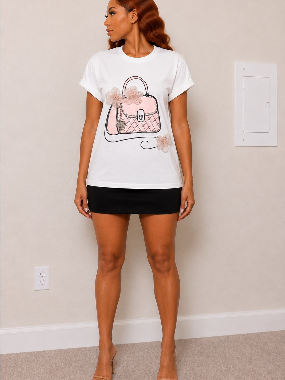 Women's White Tee with Pink Handbag Graphic - Casual Crossbody Style